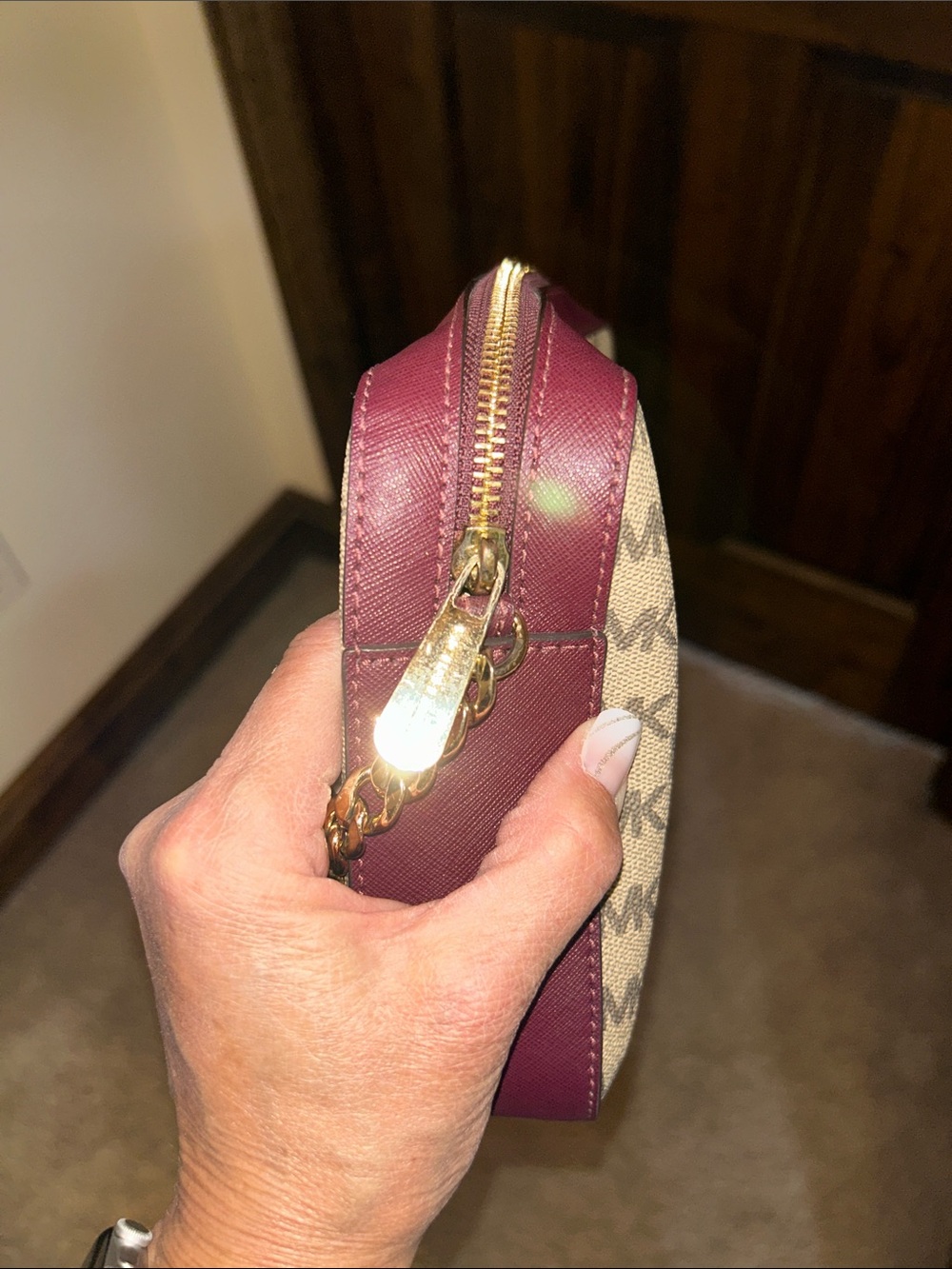 Michael Kors Brown MK Logo Crossbody with Burgundy Trim and Gold Chain - Picture 10 of 12
